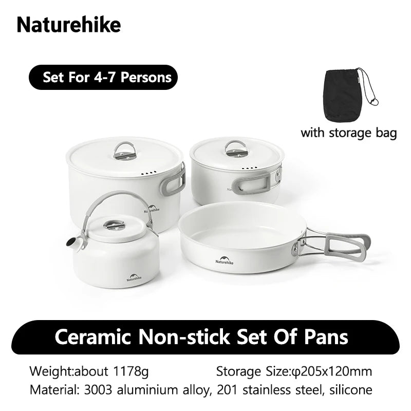Naturehike Camping Cookware Ceramic Non-Stick Set Of Pots Outdoor Portable Tableware Kettle Frying Pan Cookset Kitchen Utensils