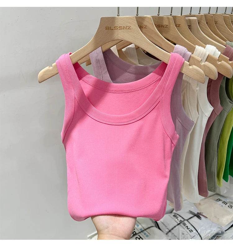 Women Solid Round Neck Ribbed Tank Top Camisole Women 2025 Summer Basic Elastic Tank Top O Neck Solid Tank Top - AIAZ