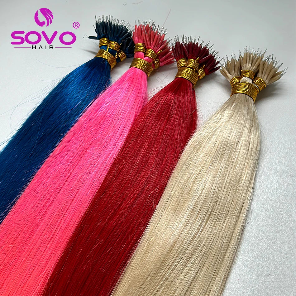 SOVO 100 Strands Nano Rings Human Hair Extensions Natural Blonde Micro Bead Loop Pre Bonded Remy European Straight Hair
