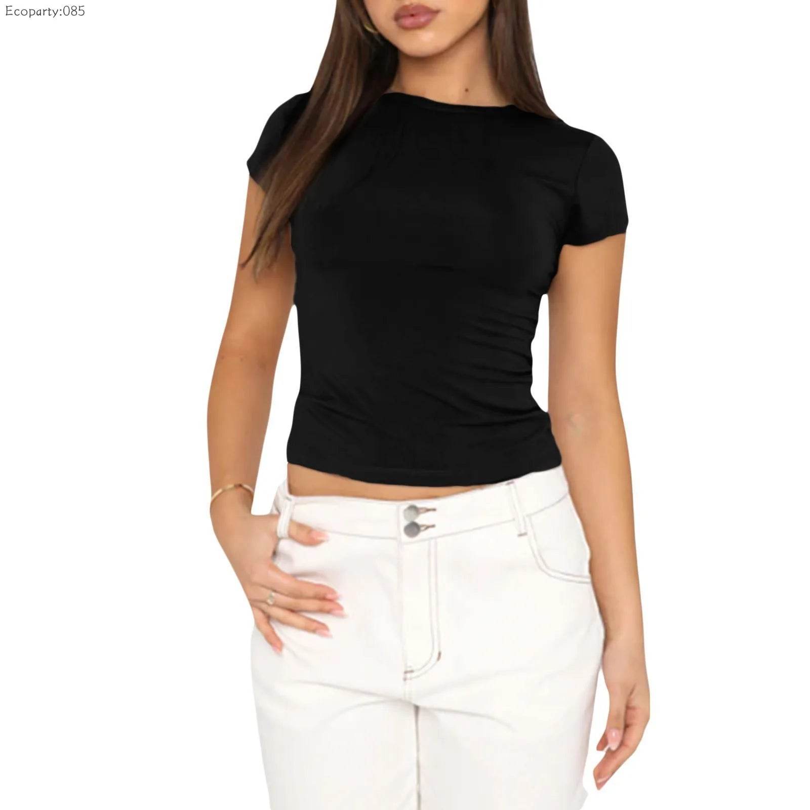 Summer Women's Tops Causal Basic T-Shirts Scoop Neck Short Sleeved Crop Tops Cute Slim Fit Tees Pullovers Clothing Y2K 2025 New - AIAZ