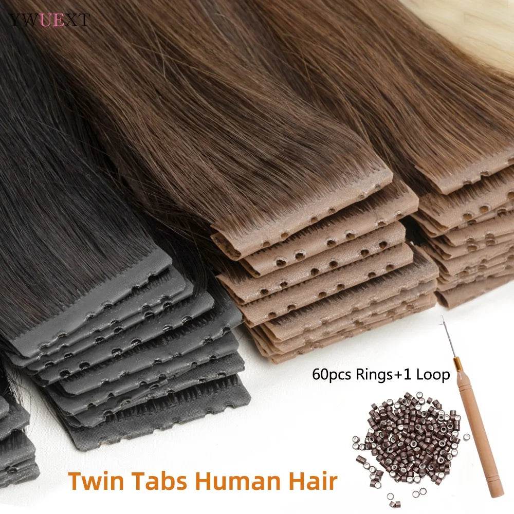 Invisible Twin Tabs Hair Extensions 12-24 inches PU Skin Tape cabelo humano 100 % natural Jet Black Micro Ring Weft Hair - AIAZ