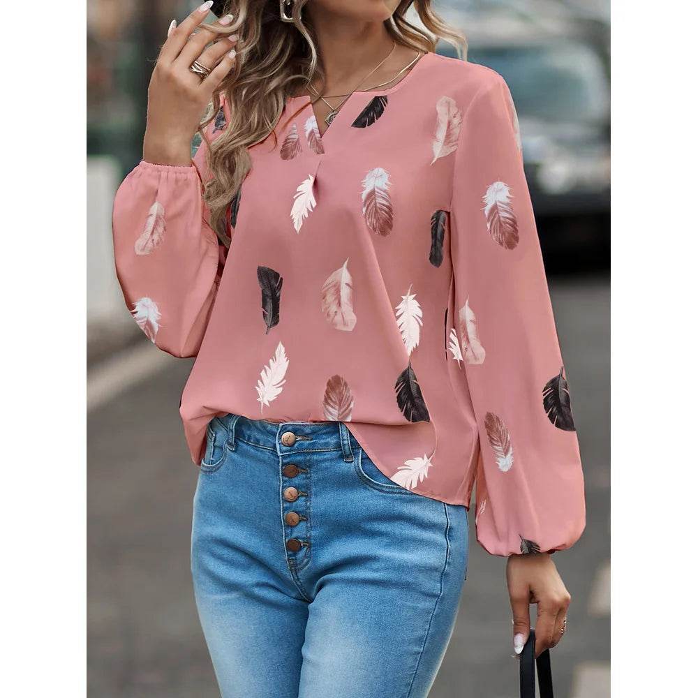 Fashion Woman Blouse Shirts For Women Stylish Top long Sleeve Feather Pattern Female Tops Elegant Chiffon Mujer Woman Clothes - AIAZ