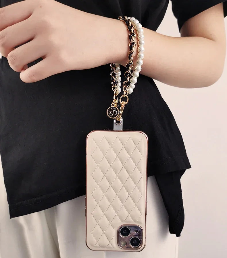 26cm Leather Pearl Camellia Mobile Phone Charm Bracelet Chain Anti-lost Universal Cell Phone Strap Rope Pendant Metal Key Chain