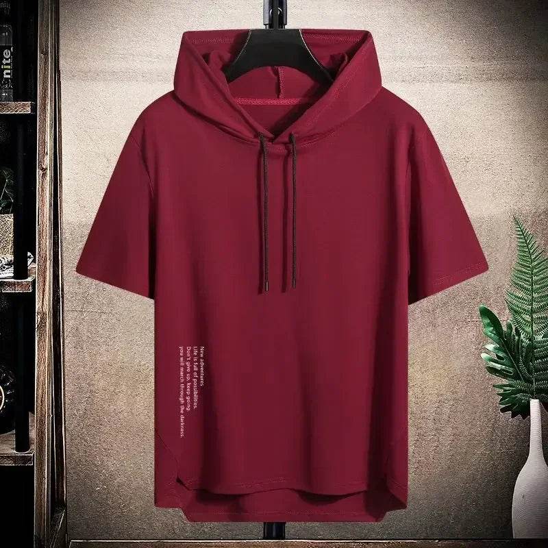 2025 Men's Summer Hoodies T-shirts Short Sleeve Solid Color Loose Hooded Drawstring Pullover Tops Basic Tees for Daily Wear Male - AIAZ
