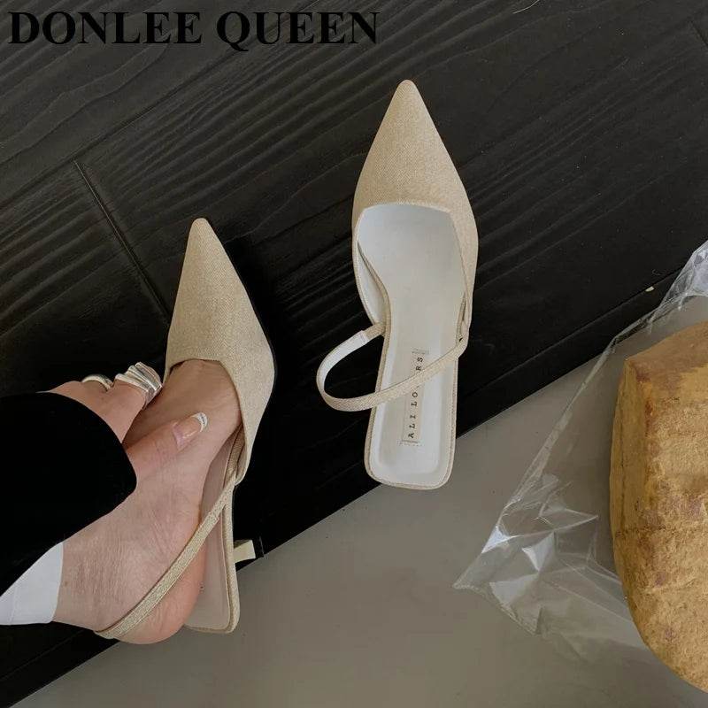 Fashion Brand Slingback Sandals Women Med Heels Pumps Elegant Pointed Toe Female Mules Dress Slides Sandalias Mujer Verano Mujer - AIAZ