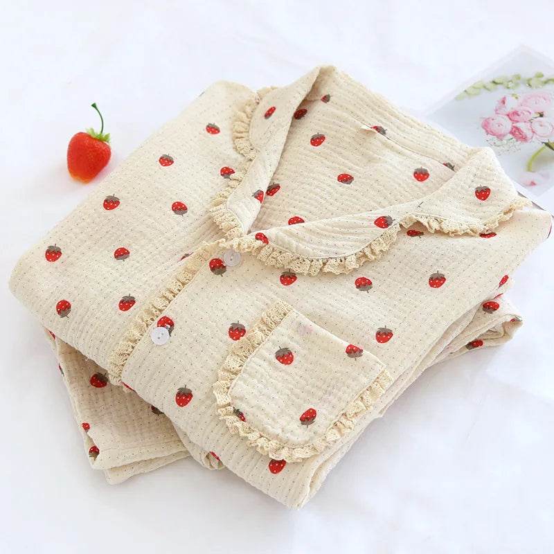 Autumn New Sleepwear Women Two Piece Pajamas Set Ladies Nighty Pure Cotton Pyjama Sweet Girl Strawberry Print Home Clothes - AIAZ