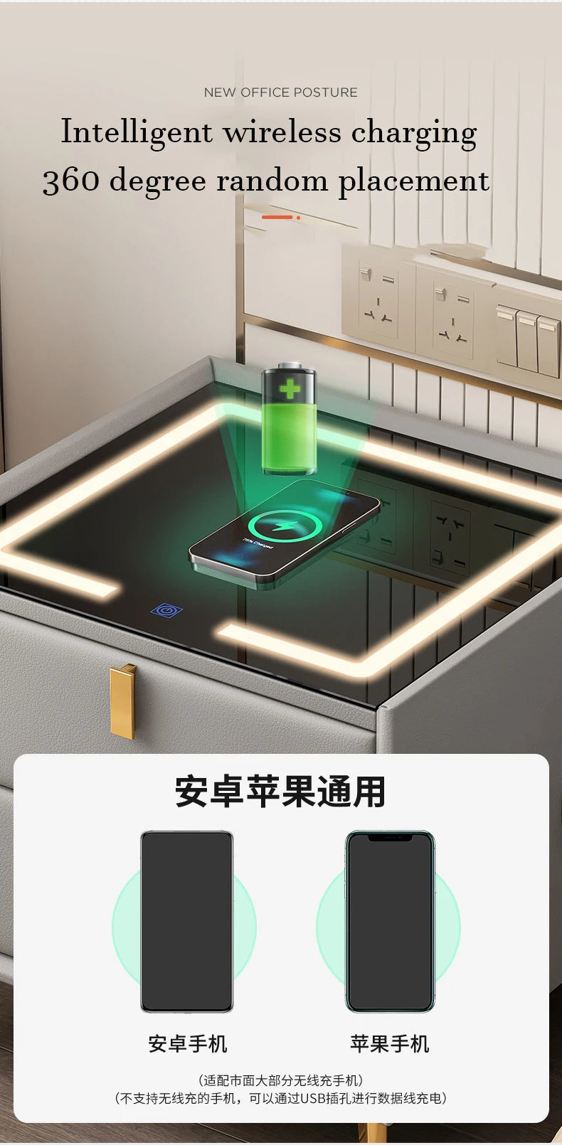 Intelligent Bedside Table Wireless Charge Three Color Night Light Bluetooth audio USB Interface Nightstands Bedroom Furniture