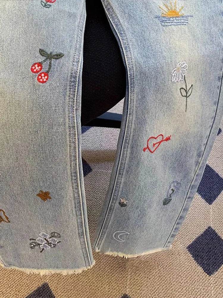 Vintage Embroidered Jeans Trousers For Women Summer 2025 New Korean Fashion High Waist Straight Retro Casual Denim Pants - AIAZ