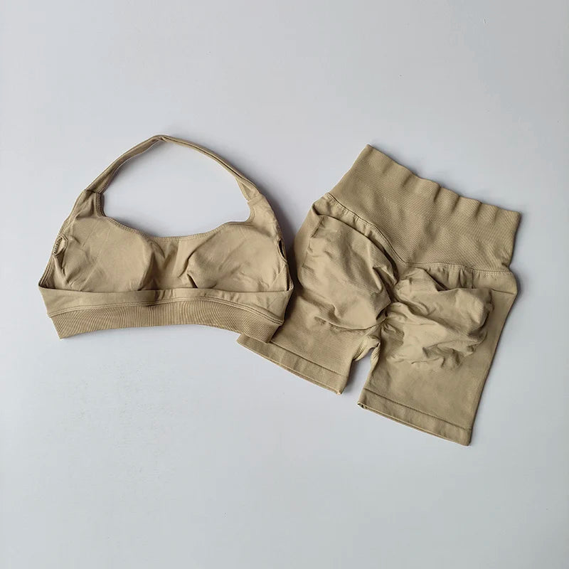 Sexy Halter Neck Beautiful Back High Waist Peach Sports Bras Shorts Suit Pilates Gathering Yoga Vest Training Fitness Bra Sets