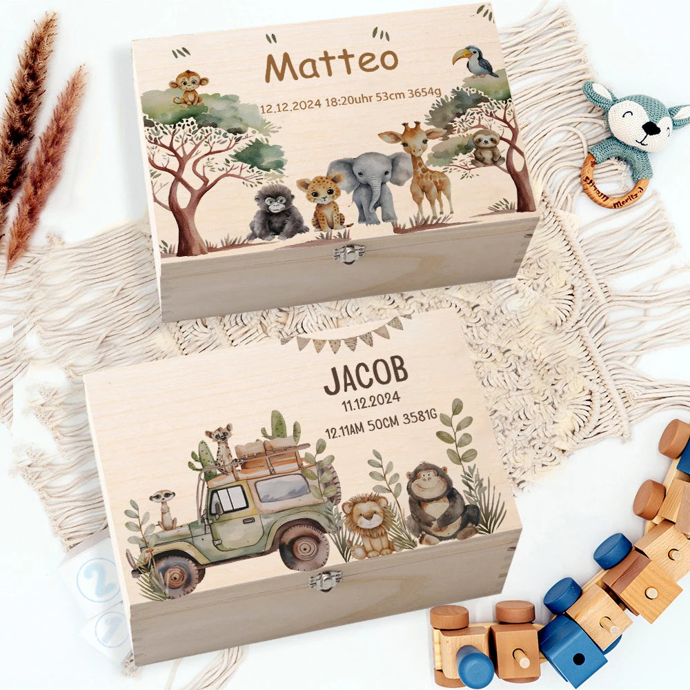 Personalized Memory Box with Trip Animals for Storing Keepsake Baby Baptism Gift Newborn Birth Stats Boxes Umbilical Cord Case