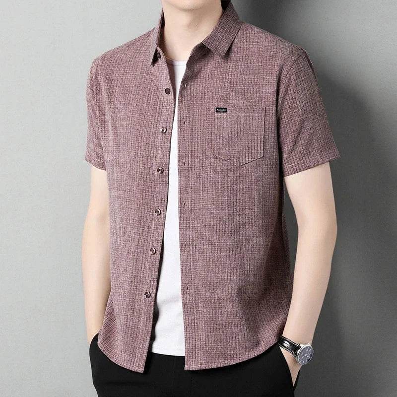 2025 Men's Business Casual Plaid Linen Short Sleeved Shirt Comfortable Top - AIAZ