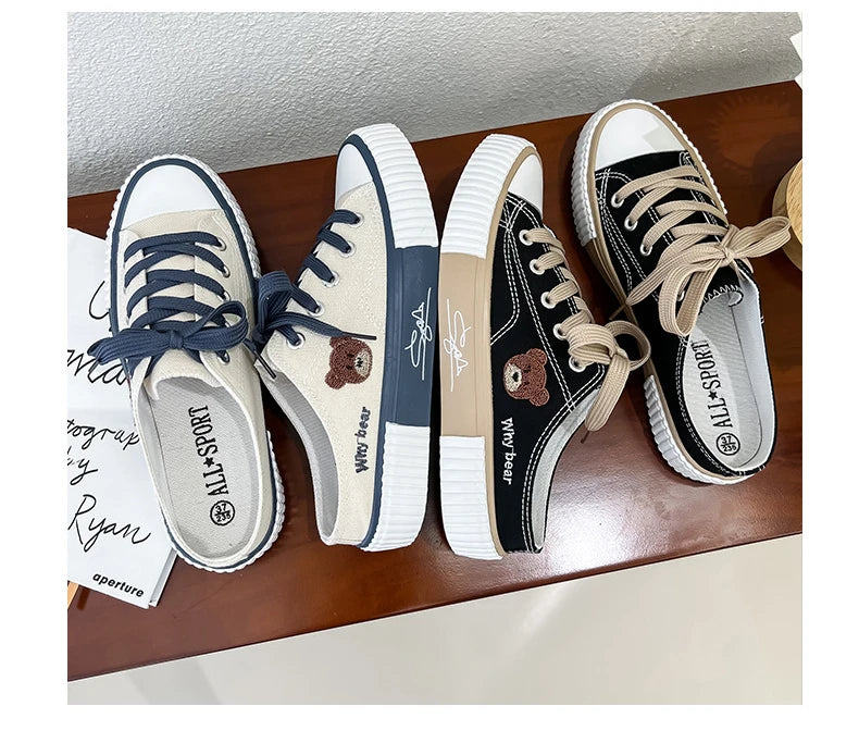 Women Cute Bear Canvas Shoes New Flat Casual All-match Half Slippers Korean Version Trend Lace Up Ladies Vulcanized Shoes 2024
