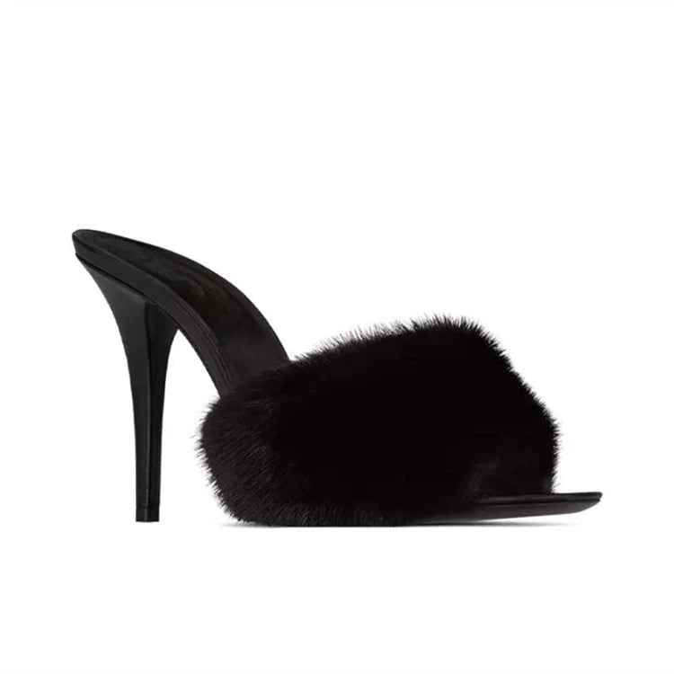 Thin high-heeled slippers summer new round-toed fish mouth fur leather fashion slippers banquet dress mink fur women's sandals