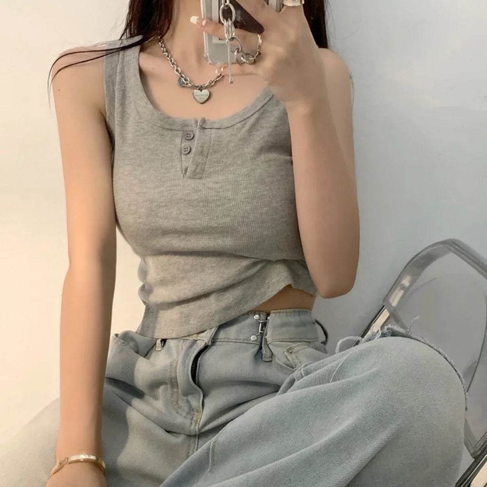Tank Top for Women Ribbed Button Down Sleeveless Blouse Solid Color Casual Women's Teens Trendy Basic Summer Dresses - AIAZ