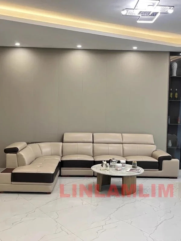 MINGDIBAO Modern Minimalist Genuine Leather Sectional Sofa with Console, Storage and Speaker Italian Leather Living Room Couch