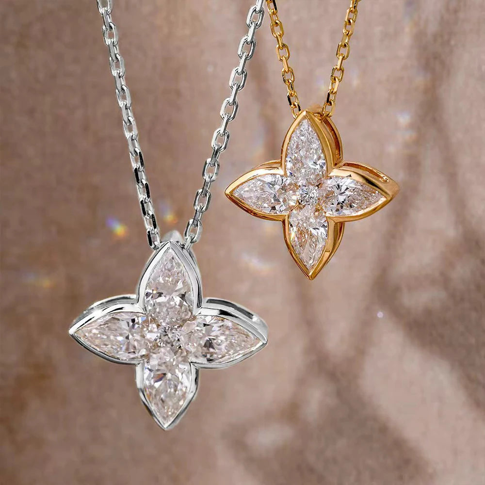 Bezel Set Full Moissanite Flower Pendant Necklace for Women Sparkling Pear Cut Diamond Pendant S925 Silver Wedding Party Jewelry