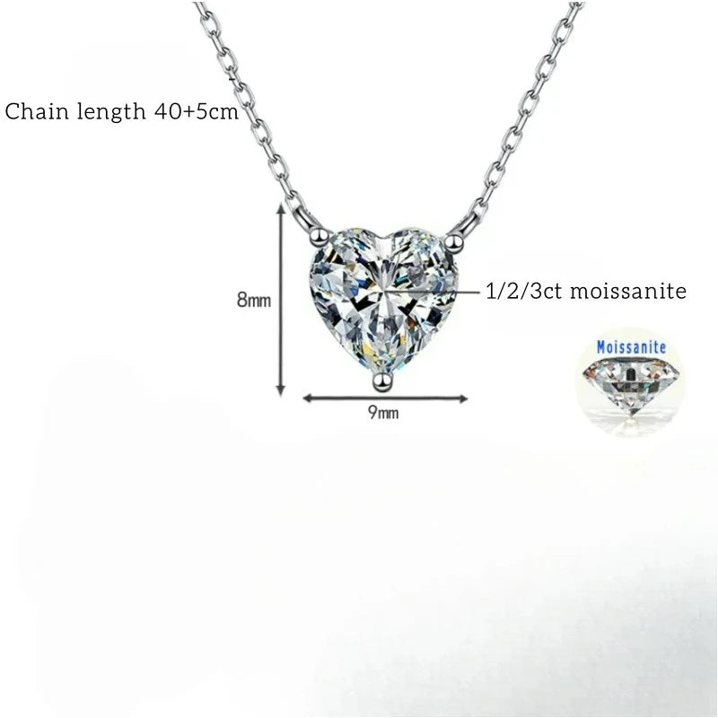 WSHUO 1/2/3ct Heart Cut Moissanite Pendant Necklace S925 Pure Silver Plated 18K Gold Women Necklace jewelry Gift GRA Certified