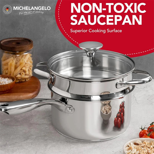 MICHELANGELO Milk Pot Set with Steamer 2.5QT Stainless Steel Saucepan with Lid Steamer Pot with Pour Spout Induction Oven Safe