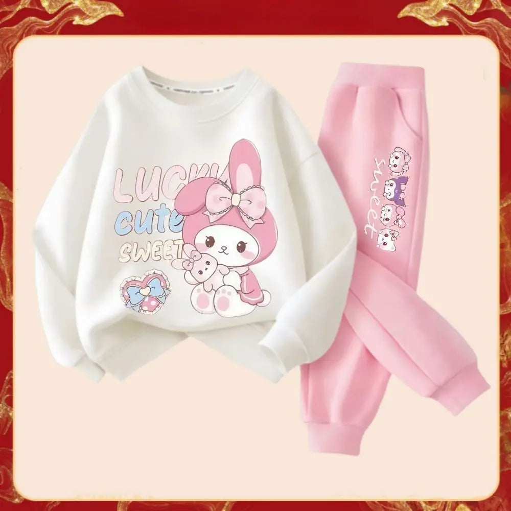 Spring Autumn Children's Sanrio Melody Print Clothes Sets Kids Kawaii Sweatershirts Pullover Tops & Pants 2Pcs Outfit Tracksuit