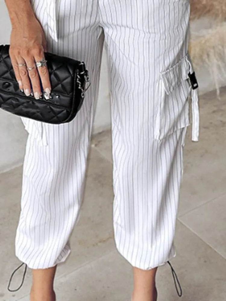 White Striped Vest Suit For Women Summer Casual V-neck Button Top Pocket Loose Pants Outfits Two-piece Suit For Women Elegant - AIAZ