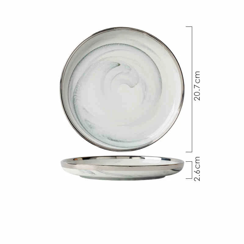Light Luxury Ceramic Tableware Set Marble Fish Plates With Silver Rim Household Hotel LArge Capacity Soup Bowl Deep Plates