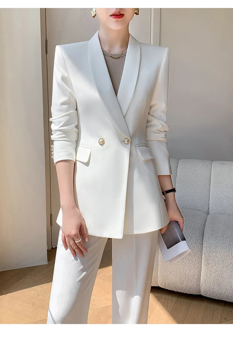 Solid White Suit Women 2025 New Spring Autumn Flares Pants High-Grade Slimming Business Clothing Sets Formal Suits Overalls