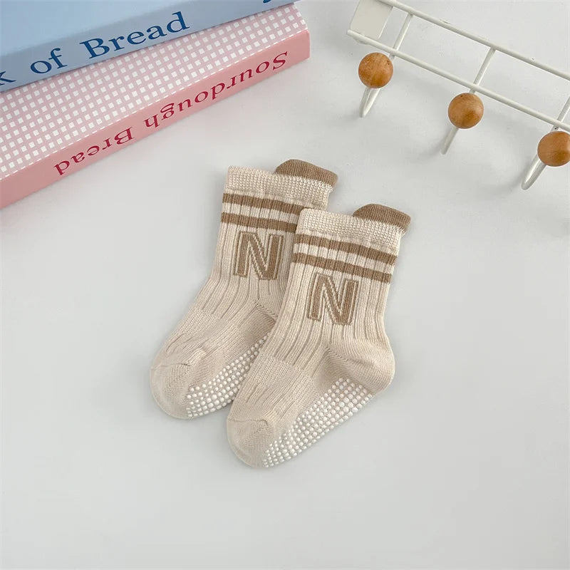 3Pairs/Lot Baby Letter Non-slip Socks Soft Cotton Short Kids Sock Infant Toddler Boys Girls Cute Stripe Socken For 0-5Years