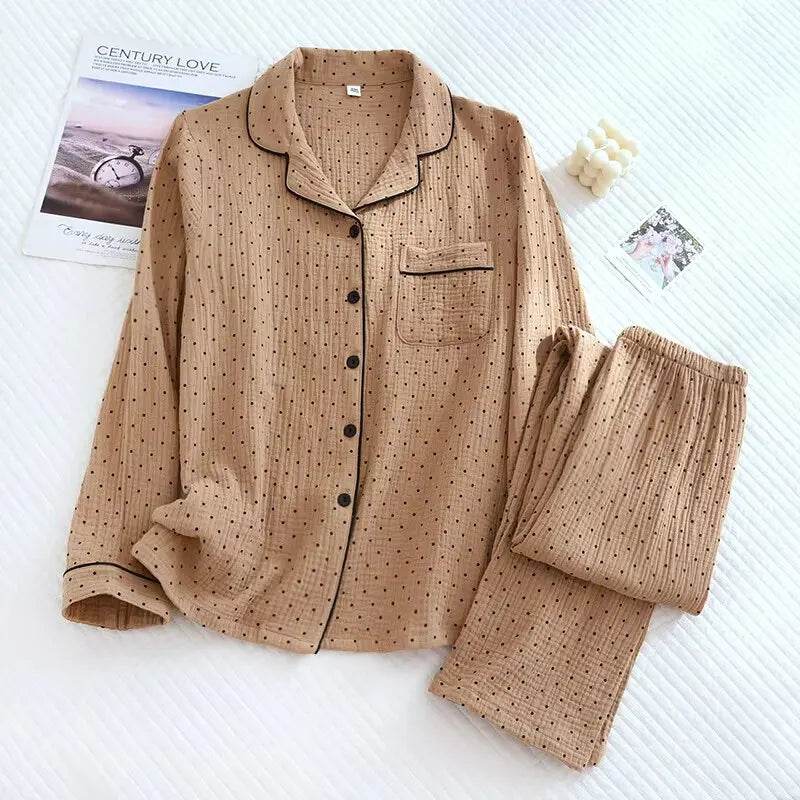 2025 Spring and Autumn New Women's Pajama Set 100%cotton crepe long-sleeved trousers two-piece polka dot cute home wear thin set - AIAZ