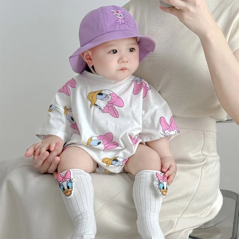Baby Girls Bodysuits Boys Newborn Socks Hat 3PCS Clothes Set Short Sleeve Cartoon Daisy Donald Duck Infant Bodysuits K594-2