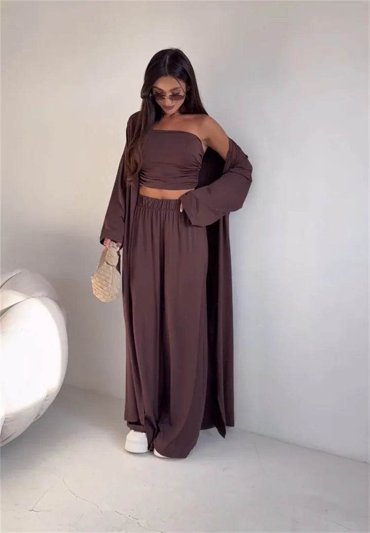 Pants Sets Women Solid Color Loose Long Cardigan Coat Tube Top High Waist Wide Leg Trousers Three Piece Set Casual Lady Suits - AIAZ