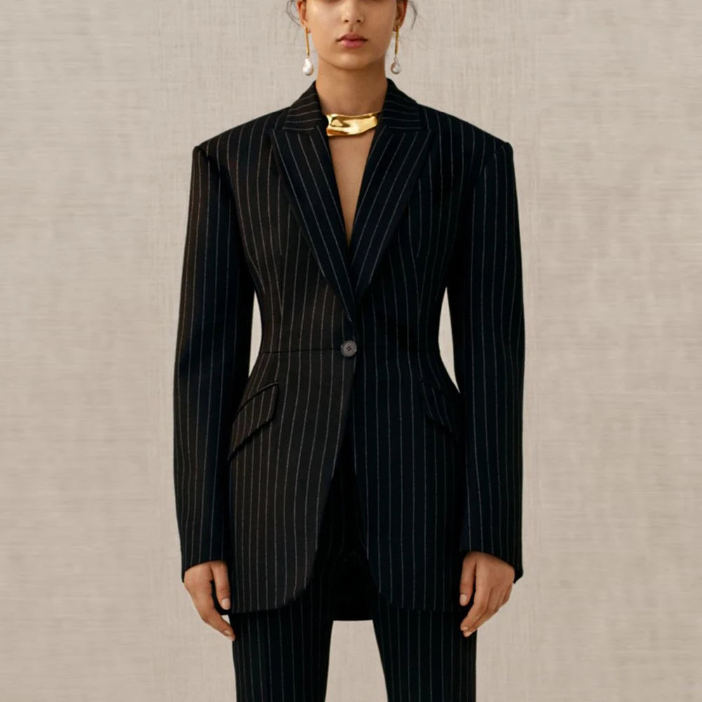 Vintage Stripe two Pieces Suit Set for Women One Button Peak Lapel Jacket Pant Set Slim Fit Office Business Female Clothing