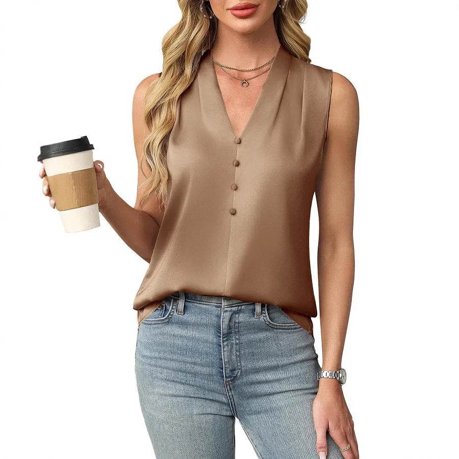 2025 Women's Blouses Summer Fashion Elegant Temperament Satin Work Tank Shirts Casual Button V-Neck Sleeveless Vest Black Tops - AIAZ