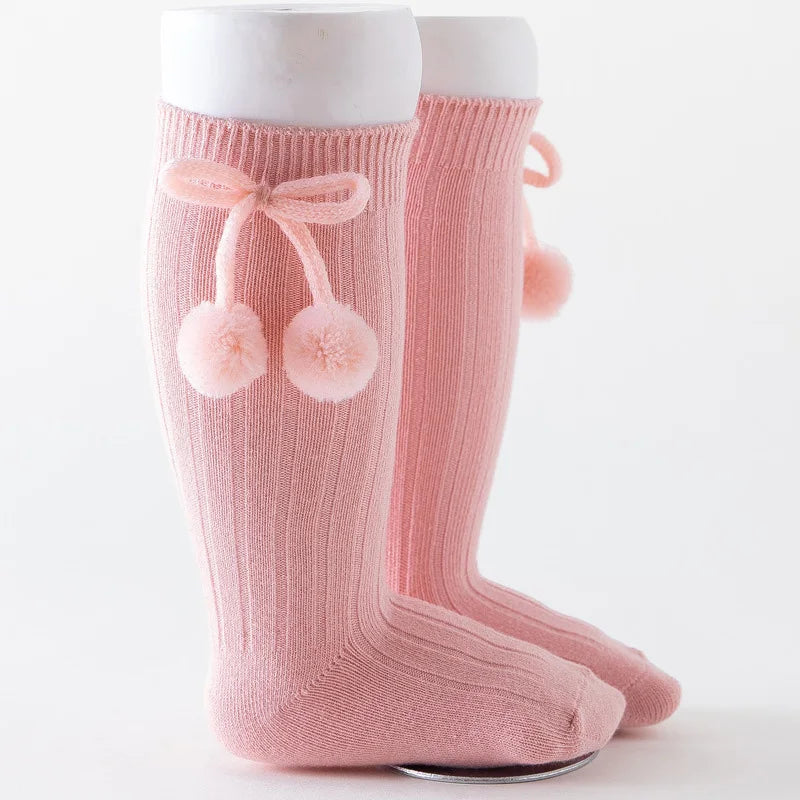 Baby Socks Solid Cotton Soft Long Princess Socks with Cute Pom-Pom Bow Decor Boy Girls Stretchy Warm Cozy Casual Socks Stockings