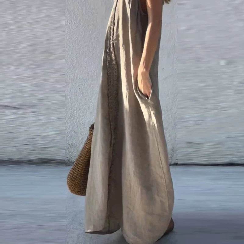 Woman Sexy V Neck Tassel Long Dresses Spring Solid Loose Boho Suspender Dress New Summer Sleeveless Vacation Maxi Dress Vestidos - AIAZ