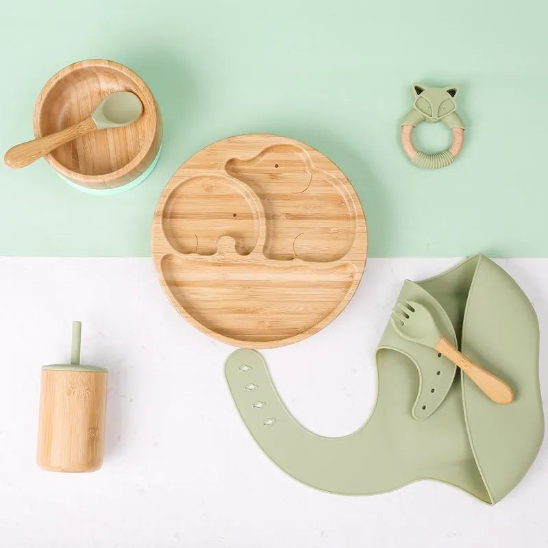 Wooden Dinner Plate Feeding Supplies Bamboo Baby Tableware Silicone Suction Plate Bowl BPA Free Baby Stuff Newborn Accessories