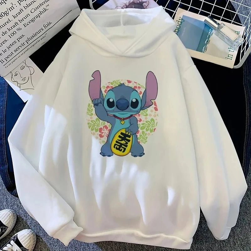 Boys Girls Disney Stitch Angel Cartoon Fun Print Fall and Winter Long Sleeve Top Kids Casual Comfortable Soft Hooded Sweatshirt