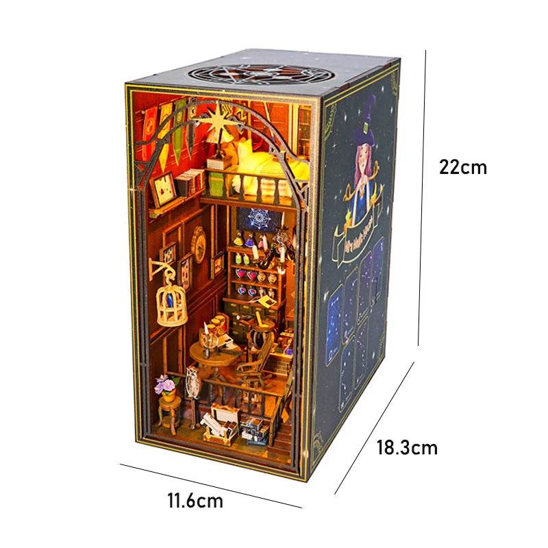 DIY Book Nook Shelf Insert Kit 3D Wooden Puzzle Doll House Assembly Building Model Bookends With Furniture LED Light Xmas Gifts - AIAZ