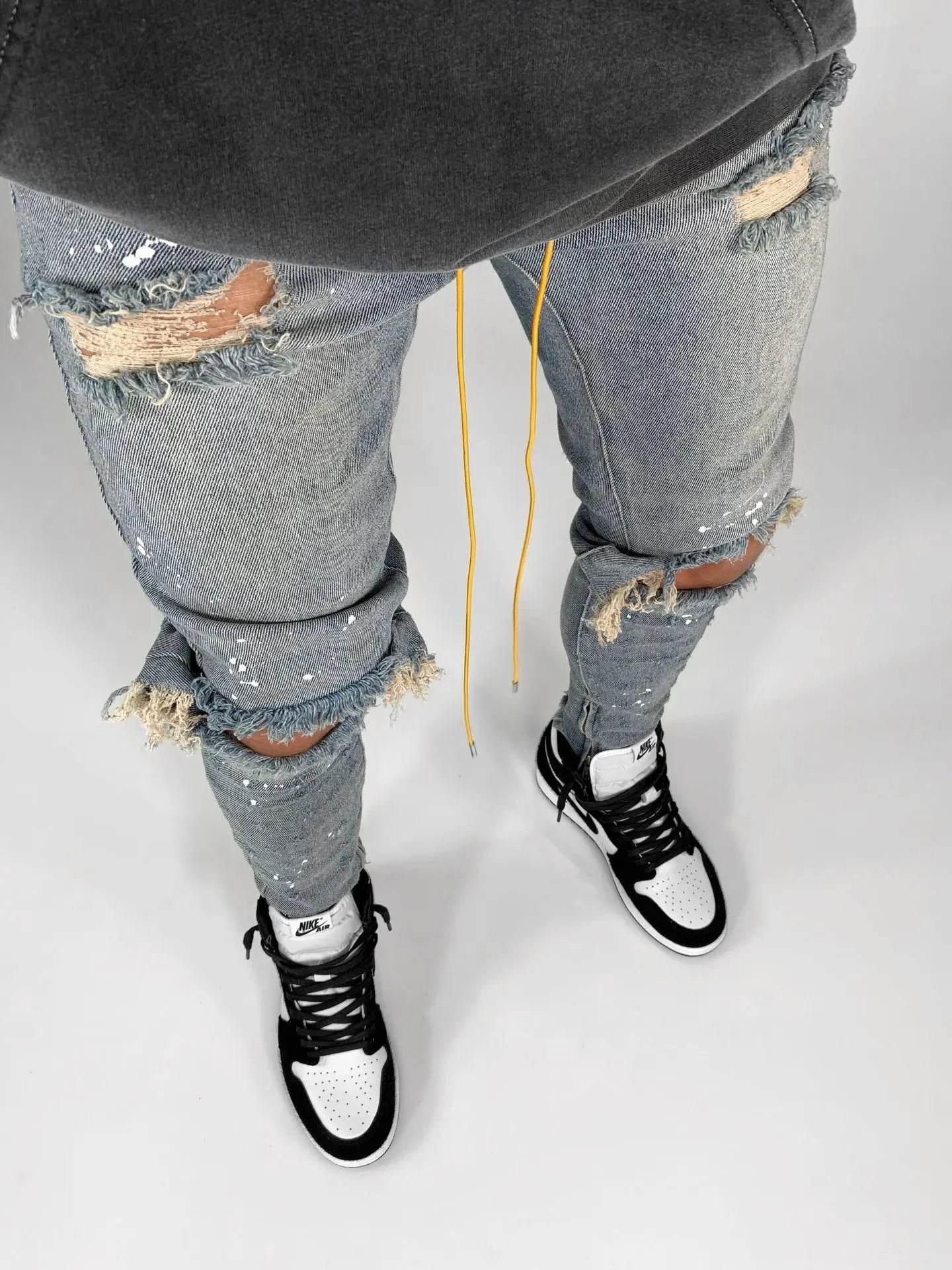 Men Long Jeans Pants Denim Pencil Pant Hole Splice Simple Slim Fit Zipper Lace Up Tight Waist Straight Trousers Autumn - AIAZ