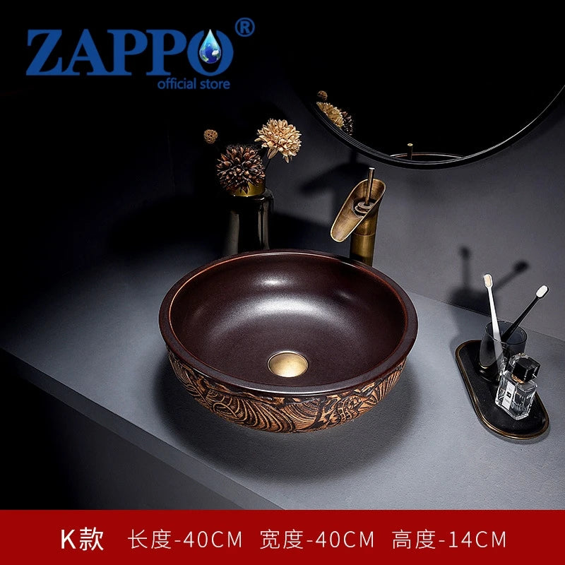 ZAPPO Round Vessel Sink with Faucet Drain JinDezhen Ceramic Vessel Sinks Oval Bathroom Sink Bowl Above Counter with Mixer Tap