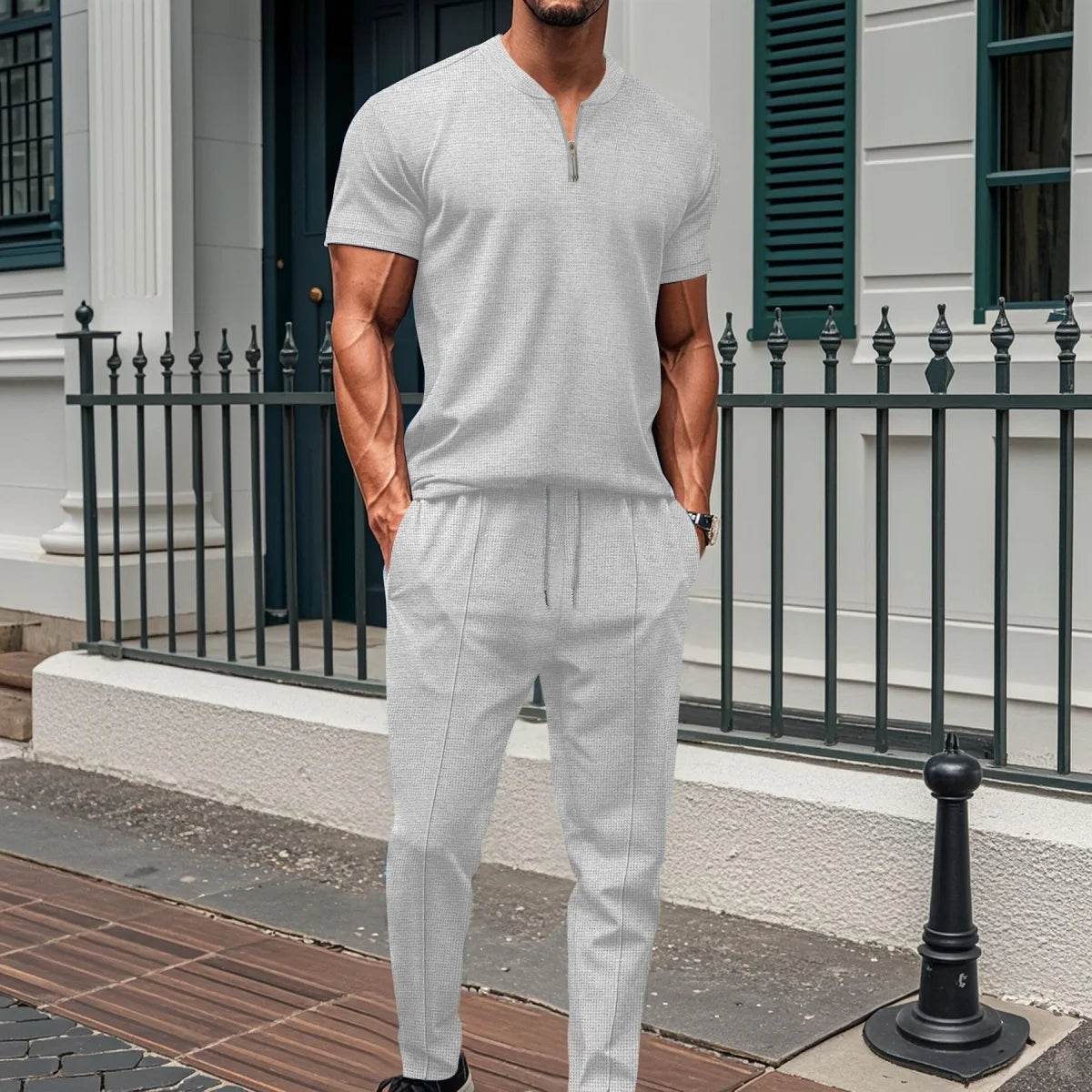 2025 Men's new summer suit Waffle collar solid color zipper short sleeve pants suit fashion casual loose sportswear - AIAZ