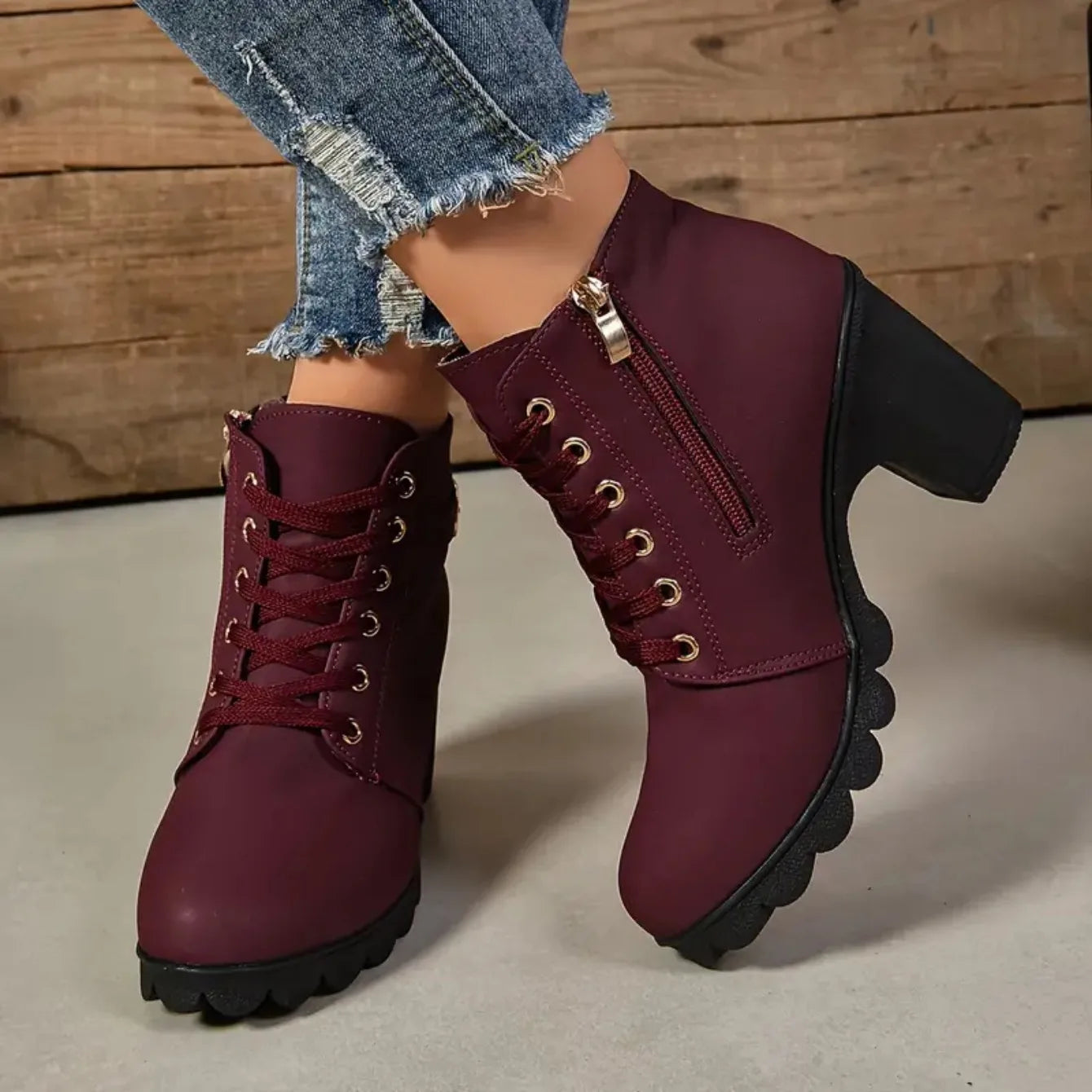 Women Boots Autumn Winter High Quality Boots Lace-up High Heels Shoes for Women Outdoor Fashion Anti-slip Boots Botas De Mujer
