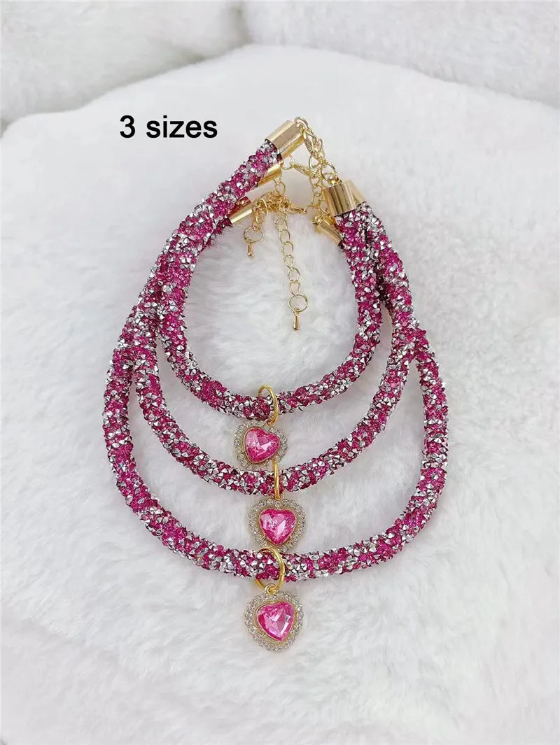 Crystal Cat Collar Heart Gem Pendant Party Rhinestone Necklace Adjustable Cats Puppy Chihuahua Wedding Pet Accessories