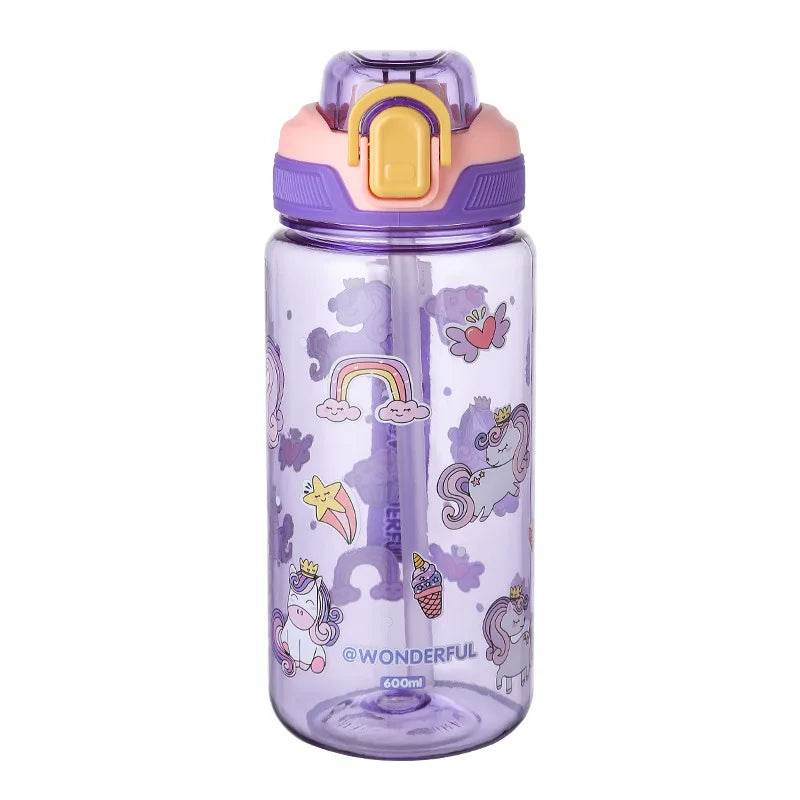 600ml Plastic Sports Water Bottles Cute Cartoon Children's Water Cup with Straw Leakproof Summer Outdoor Portable Kids Kettle - AIAZ