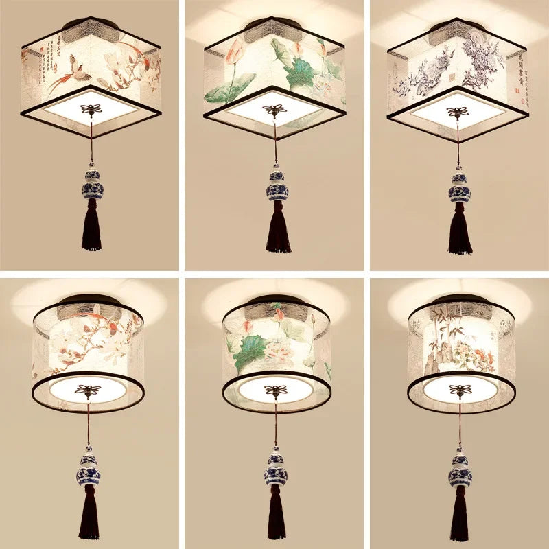 New Chinese Chandelier Lustre Ceiling Lamp Simple Corridor Chinese Painting Ceiling Lights Creative Suspendu Lotus Led Lighting