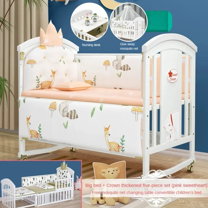 Solid wood spliced crib Multifunctional European style children's bed Movable newborn cradle large bed Baby Rest Chair