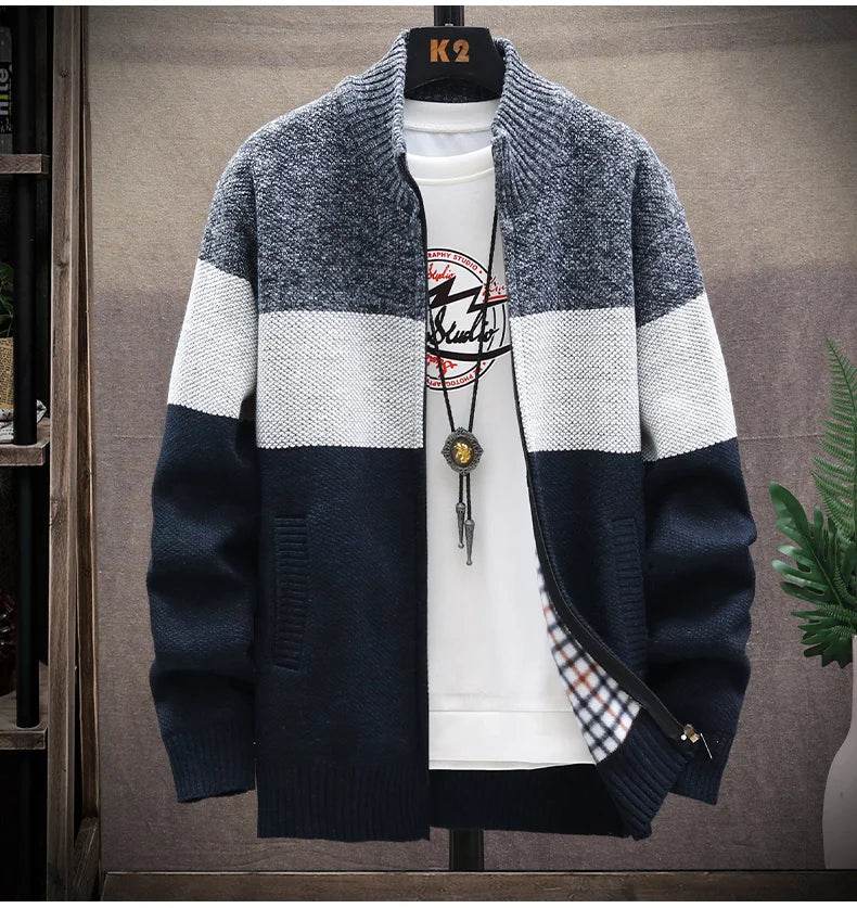 Autumn Winter Cardigan Sweater Men Fleece Zipper Sweaters Velvet Contrast Striped Sweater Coats Casual Jackets - AIAZ