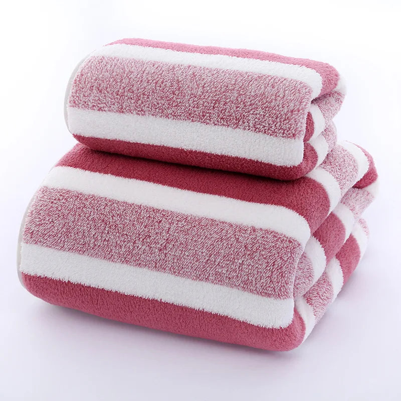 2PCS Thickened Absorbent Bath Towel Striped Pattern Towel Set Soft Face Towel for Home Bathroom Spa Quick Drying Microfiber