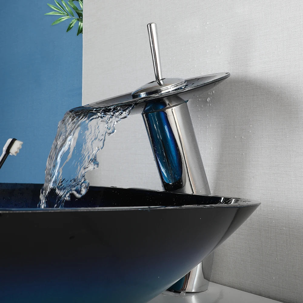 ZAPPO Tempered Glass Bathroom Vessel Sink with Waterfall Black Faucet Tap Bathroom Oval Blue Vessel Sinks Above Counter Basin