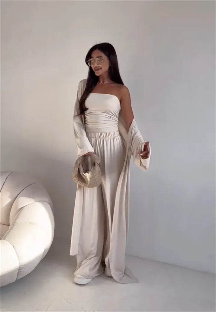 Pants Sets Women Solid Color Loose Long Cardigan Coat Tube Top High Waist Wide Leg Trousers Three Piece Set Casual Lady Suits - AIAZ