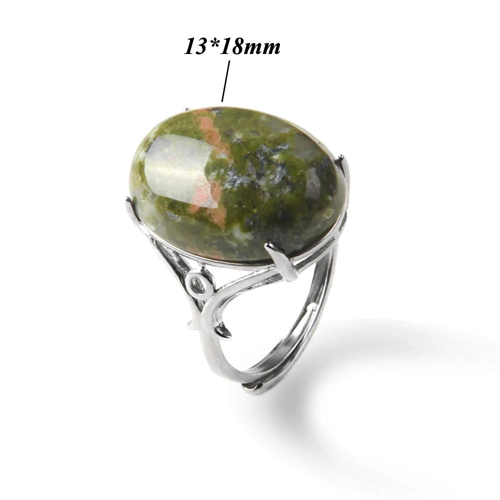 Cabochon Natural Stone Ring 10*14MM Oval Agates Turquois Quartzs Gem Finger Ring Silver Color Adjustable Open Rings Jewelry Gift